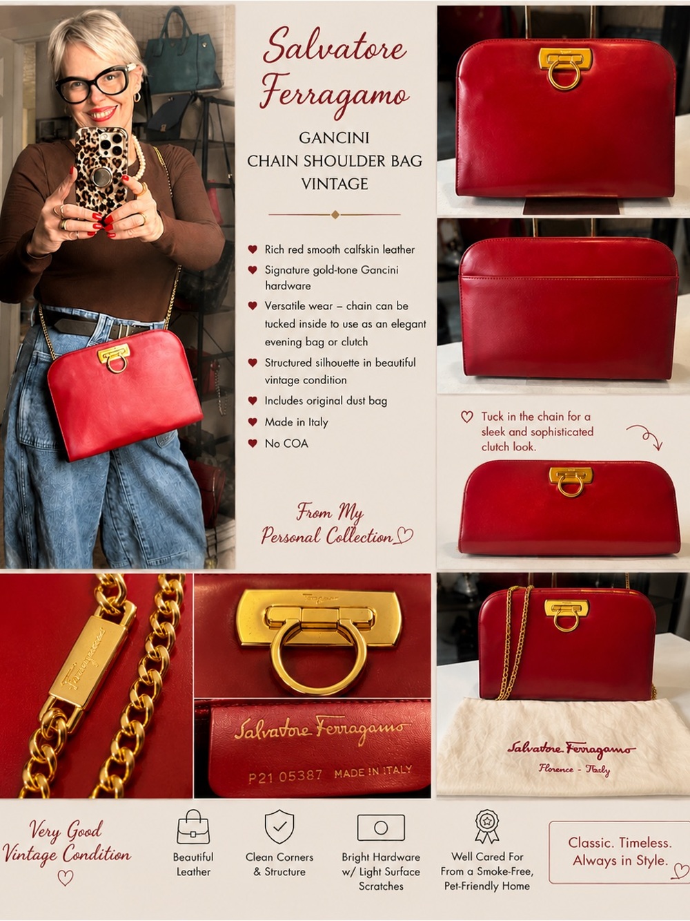 Salvatore Ferragamo Red Calfskin Gancini Chain Shoulder Bag